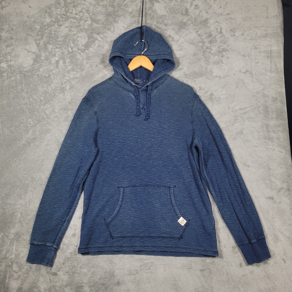 Polo Ralph Lauren Hoodie Mens XL Blue Indigo Waffle Knit Thermal Anchor Patch